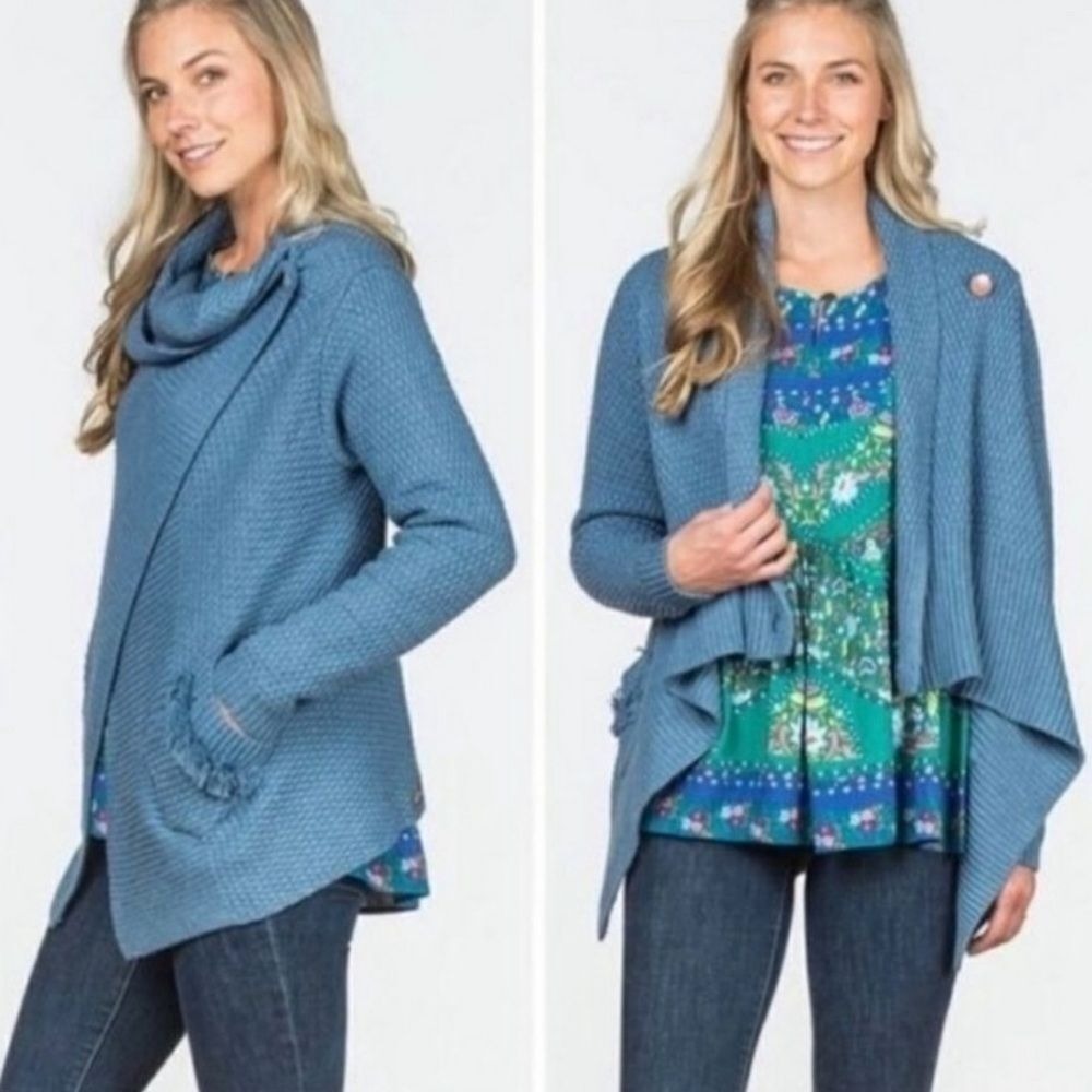Matilda Jane Cardigan Sweater XXL Blue Convertible Cowl Neck Ruffle Pocket New